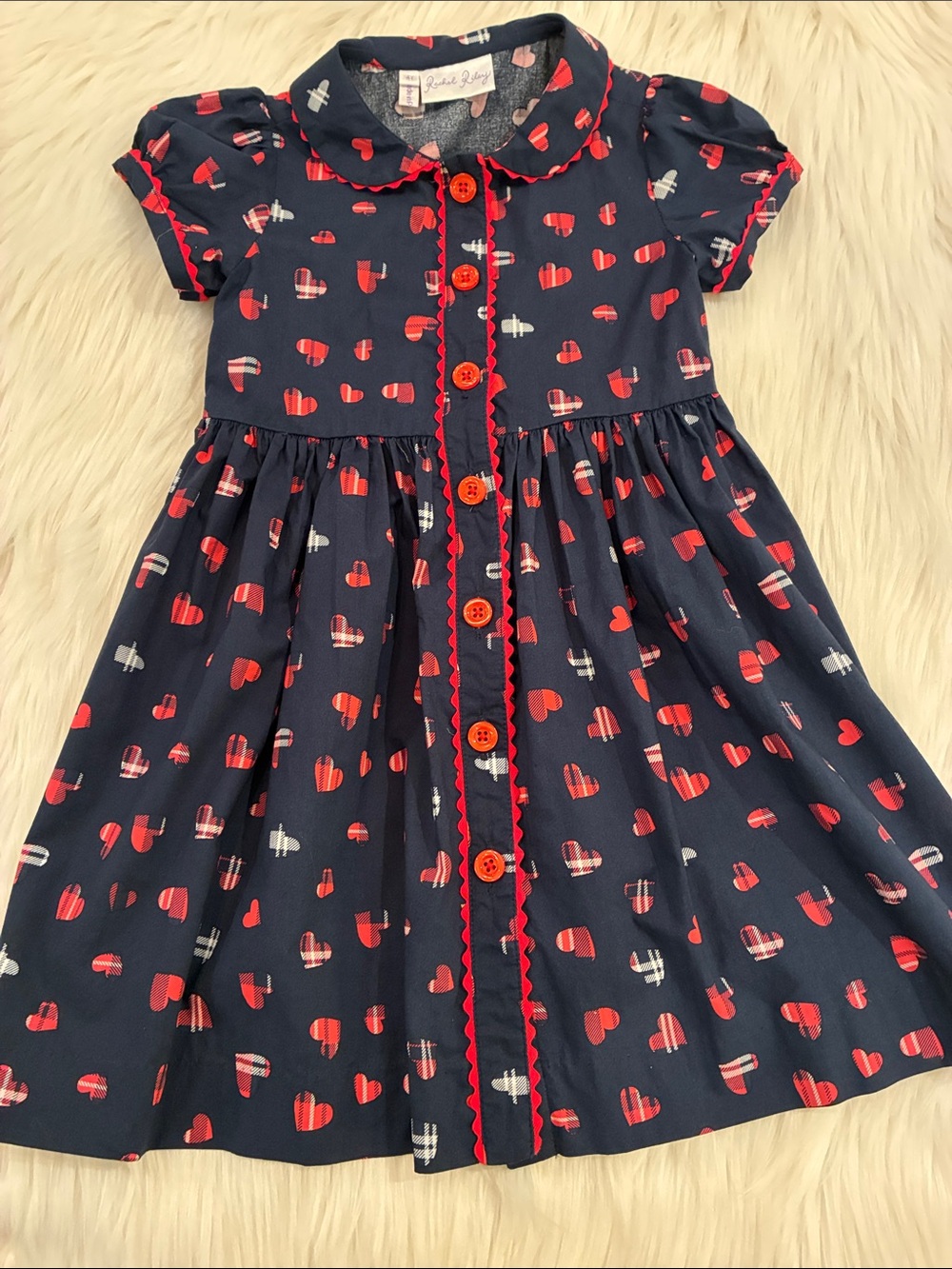 Rachel Riley Girls Navy Dress with Heart Print